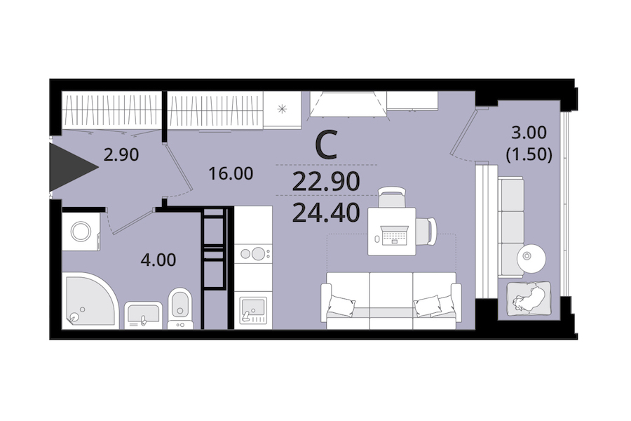 Квартира студия 23.8 м², 11/13 эт., ЖК «Тайм Сквер»
